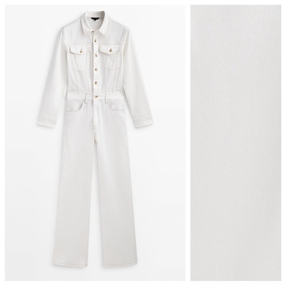 NWT. Massimo Dutti Off White Denim Jumpsuit with Contrast Topstitching. Size S. - Picture 7 of 13
